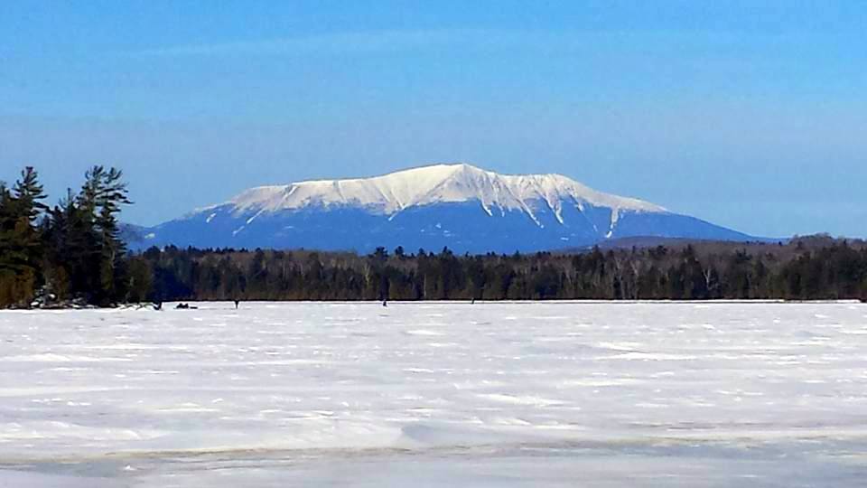 Picture of Mount Katahdin from a frozen lake.